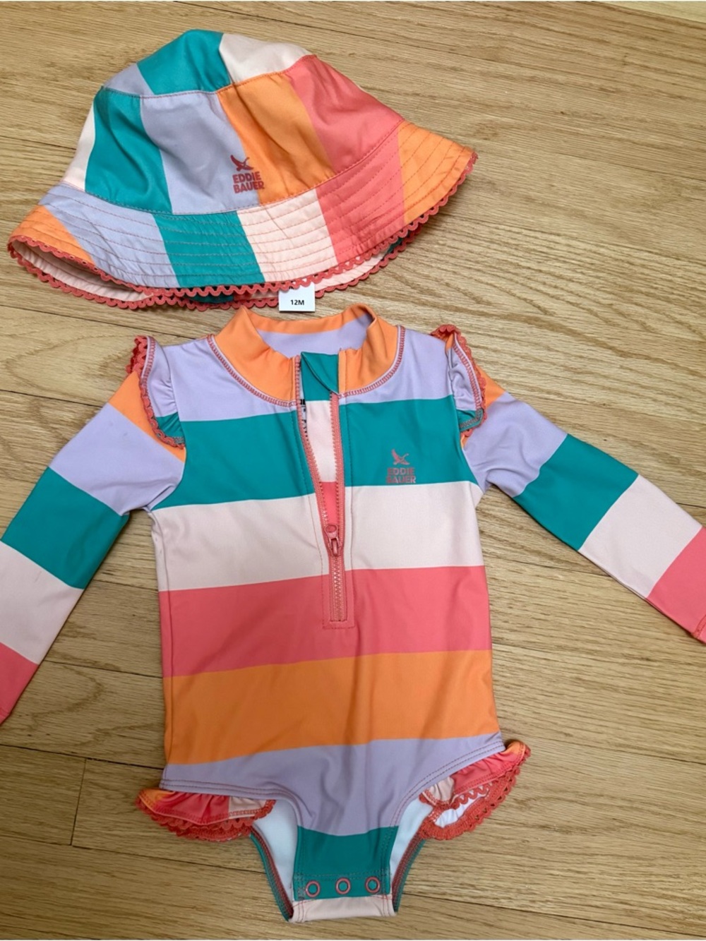 NWT eddie Bauer baby long sleeve swimsuit and matching hat size 12 months